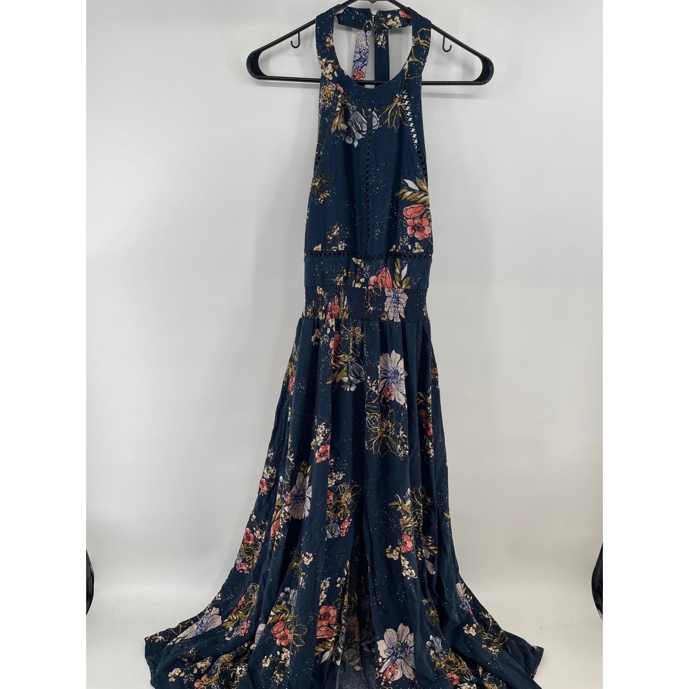 BP Floral Maxi Dress Womens XL Navy Blue Excellent Halter Smocked Slit Boho